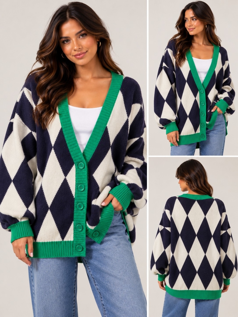 TCEC Navy & White Diamond Cardigan with Green Trim